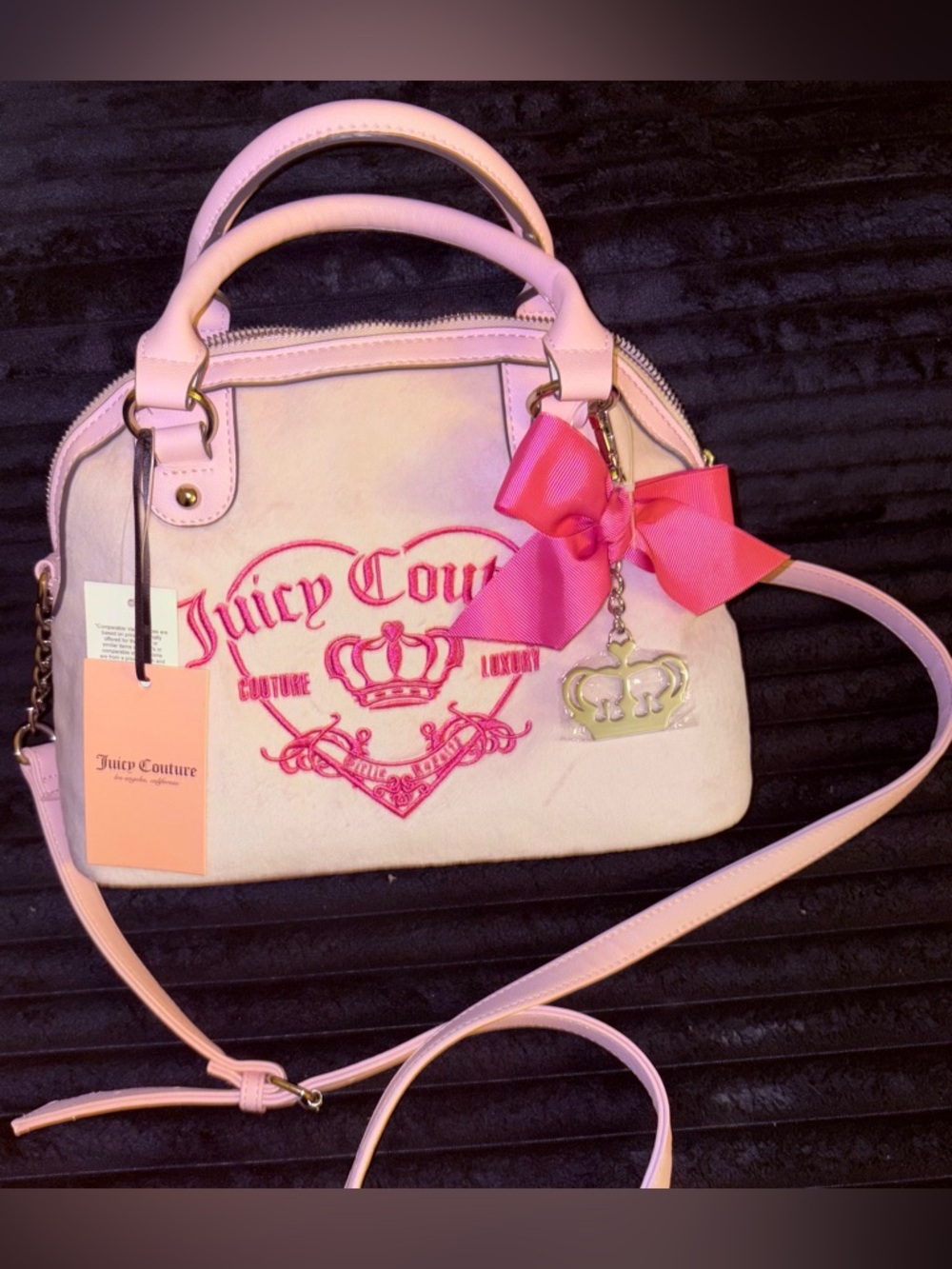 Juicy Couture Light Pink Embroidered Satchel with Hot Pink Bow Charm